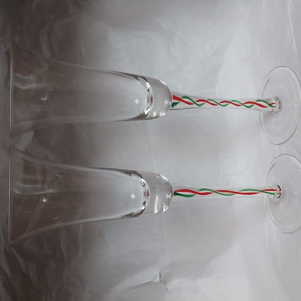 Pier 1 Twisted Green/Red/White Ribbon Champagne Flutes Set Off 2.
